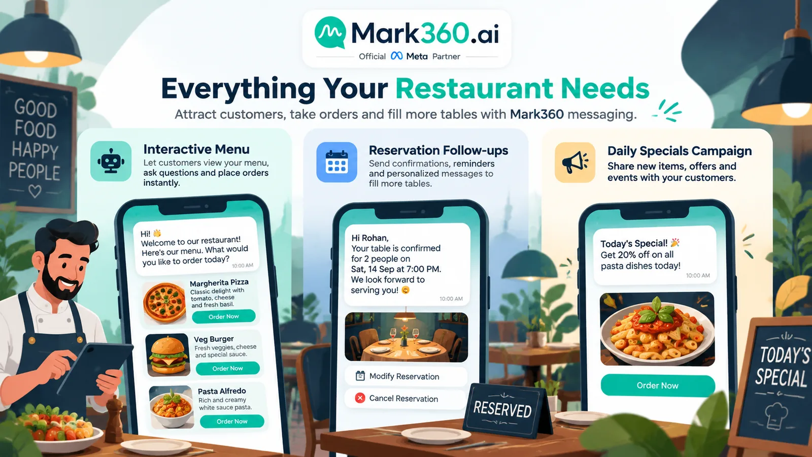 Restaurant WhatsApp food ordering: interactive menu, reservation drip, daily specials broadcast