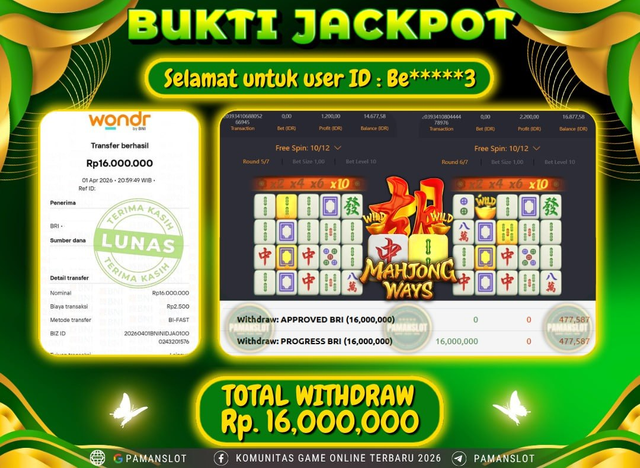 Selamat kepada Member PAMANSLOT Game Mahjong Ways : BE*****3