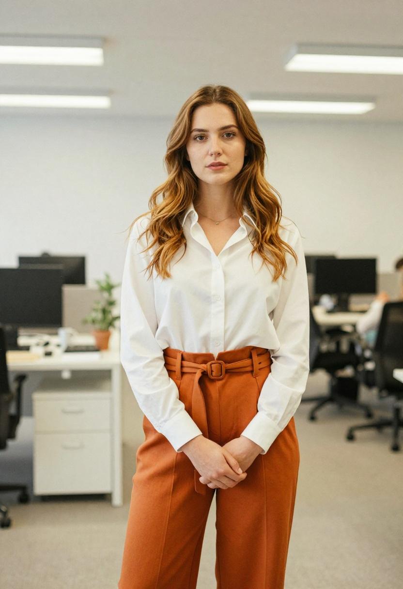 Terracotta wide-leg belted trousers with leather sash belt and white open-collar shirt for professional style