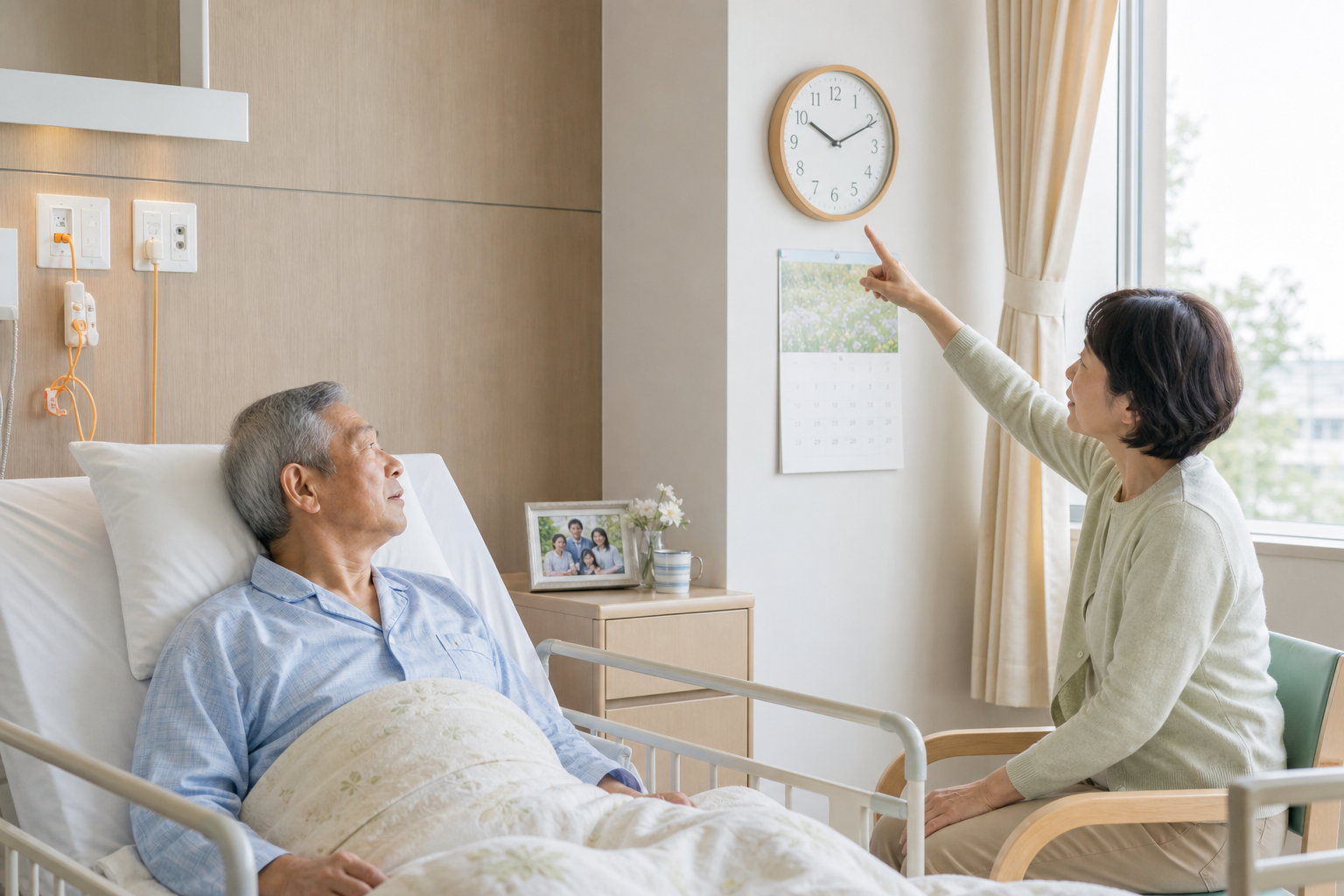 脳卒中後の入院患者と家族が病室で時計を確認する場面