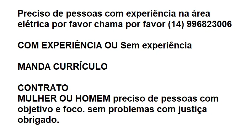 Vaga Para Pessoas Com ExperiÊncia Na Área ElÉtrica