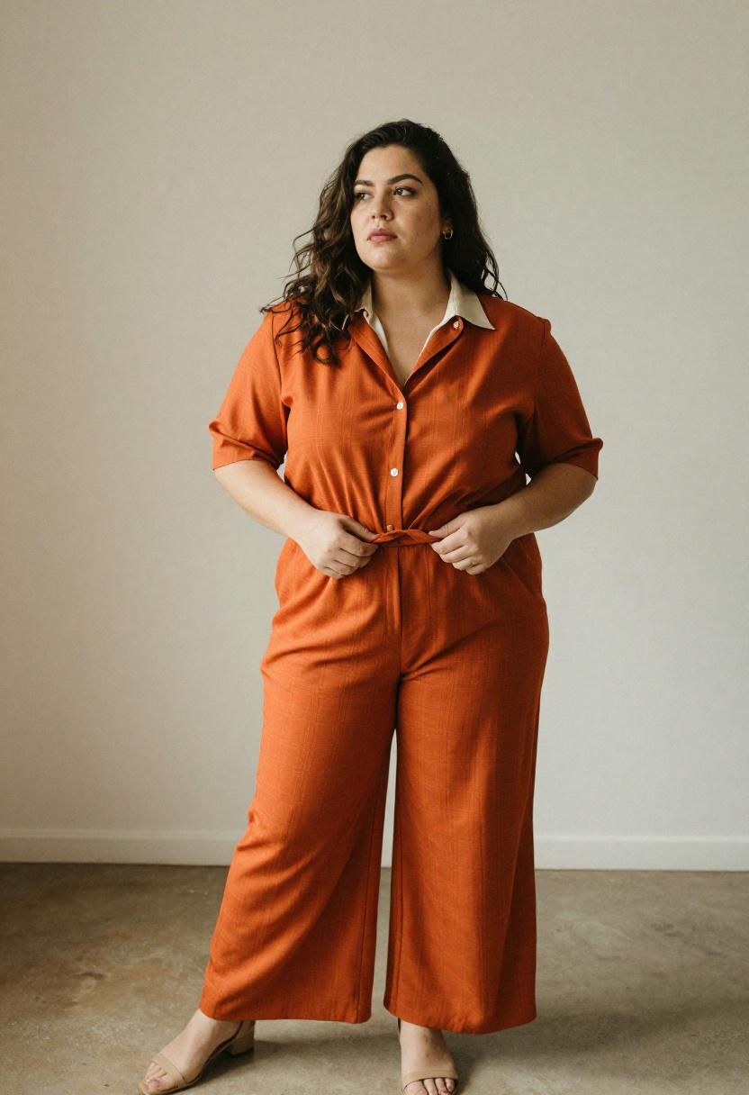 Burnt orange wide-leg plaid trousers with cream blouse for plus-size power dressing