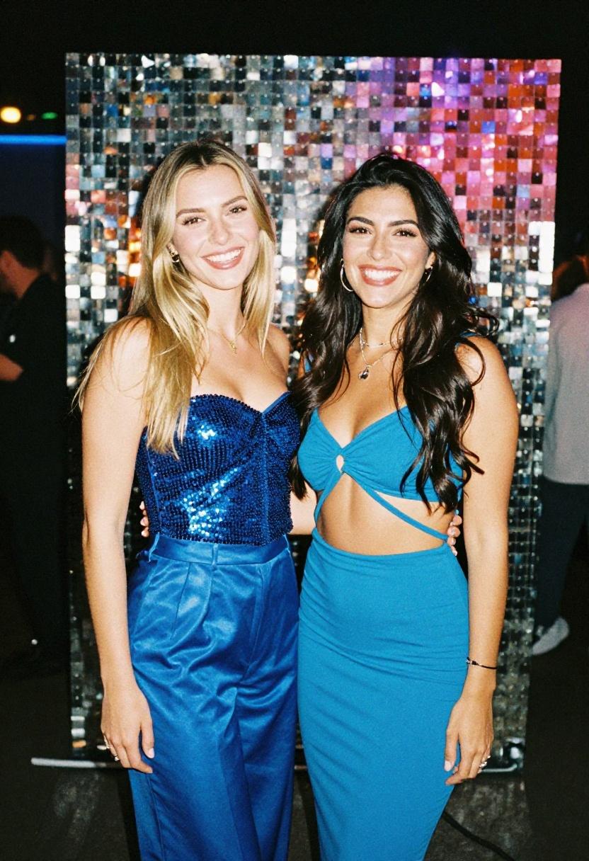 Two best friends in coordinating bold blue sequined and satin outfits at R&B night out