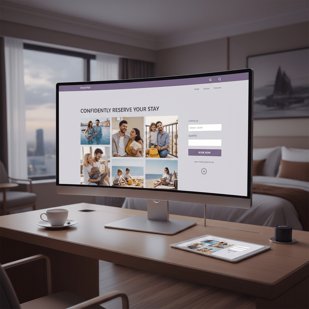Elegant hotel website booking page concept with real guest photos displayed on a large screen