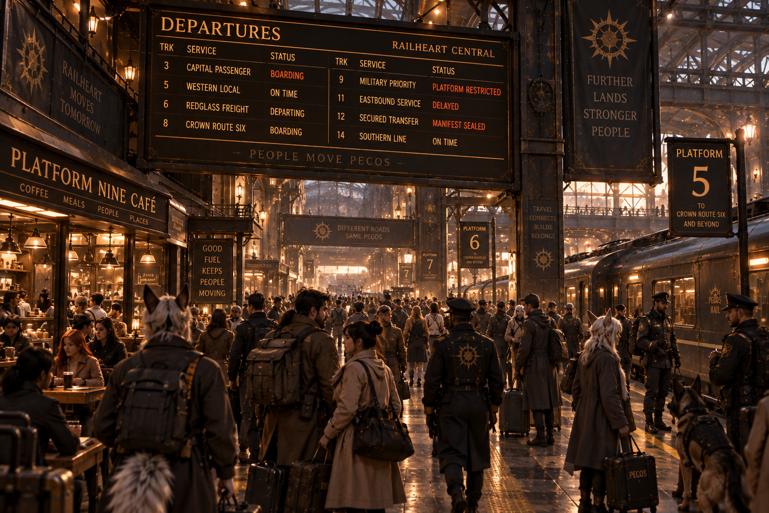 Crowded Railheart departure platform beneath amber schedule boards.