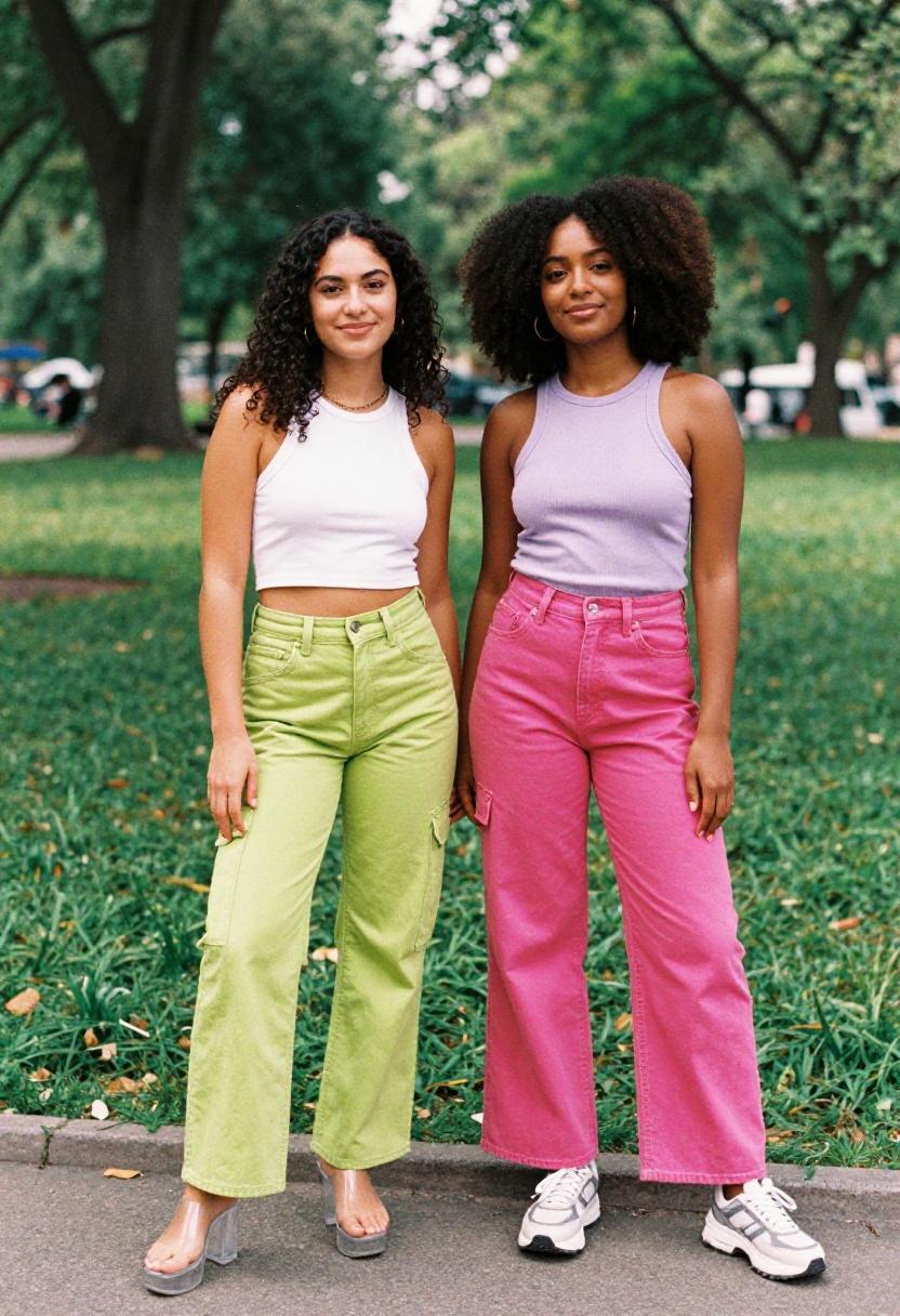 Two friends wearing lime green and magenta low rise jeans together, Y2K spring style shared between friends