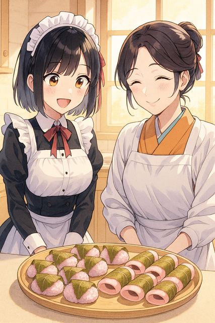 羽藤柚葉と浄枝（箒神）（桜餅作り）.png