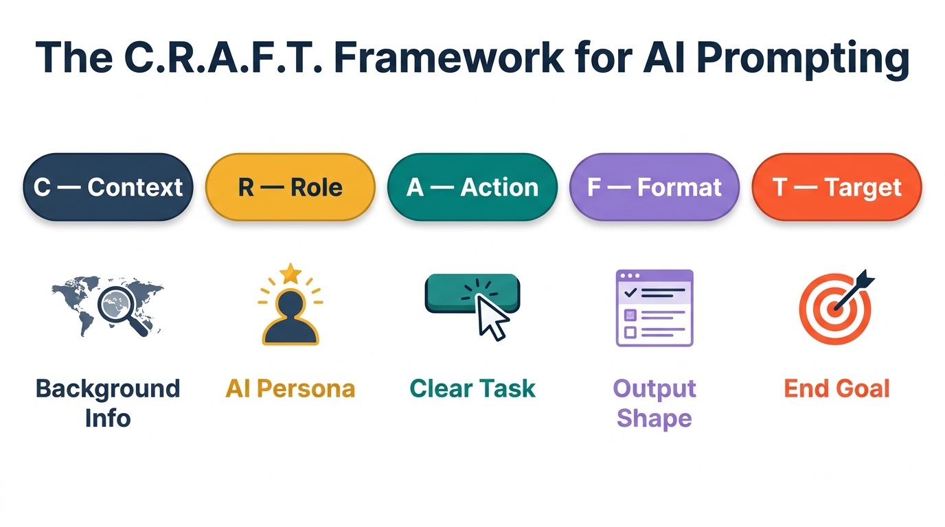 Five-component pill-label infographic breaking down the C.R.A.F.T. framework for AI prompting: Context, Role, Action, Format, and Target — each with a unique accent color, icon, and two-word descriptor