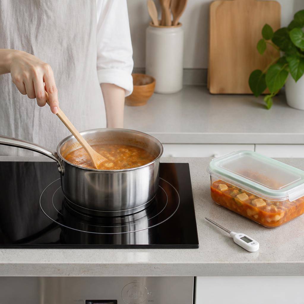 냉장 보관한 명절 찌개를 작은 냄비에 덜어 골고루 저으며 충분히 끓이는 장면, 옆에는 날짜