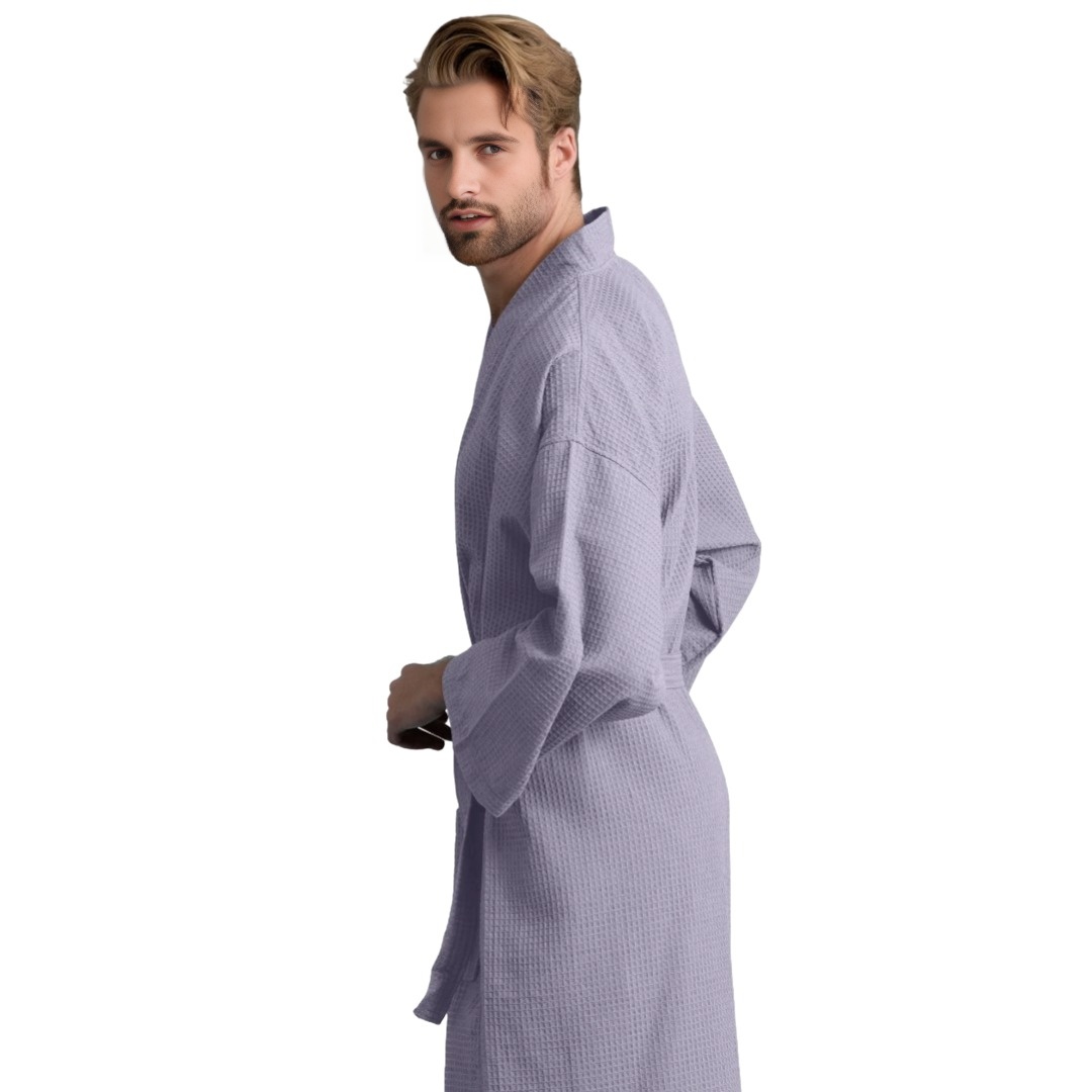 Unisex Men's Waffle Weave Stone Gray Bathrobe (One Size) view 4