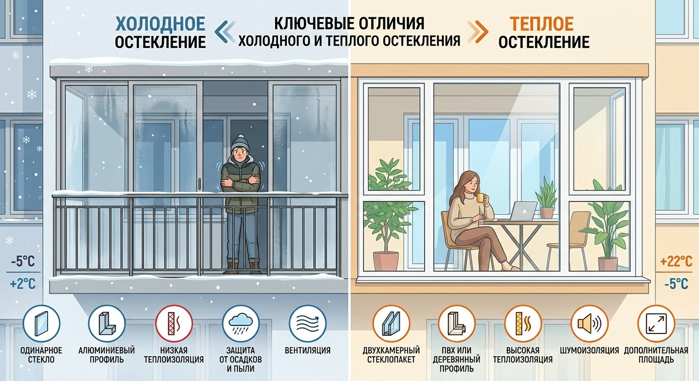 Сравнение профилей холодного и тёплого остекления