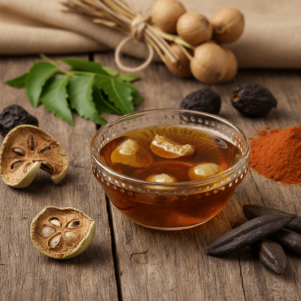 Amla fruit and infused oil in a rustic natural product setup