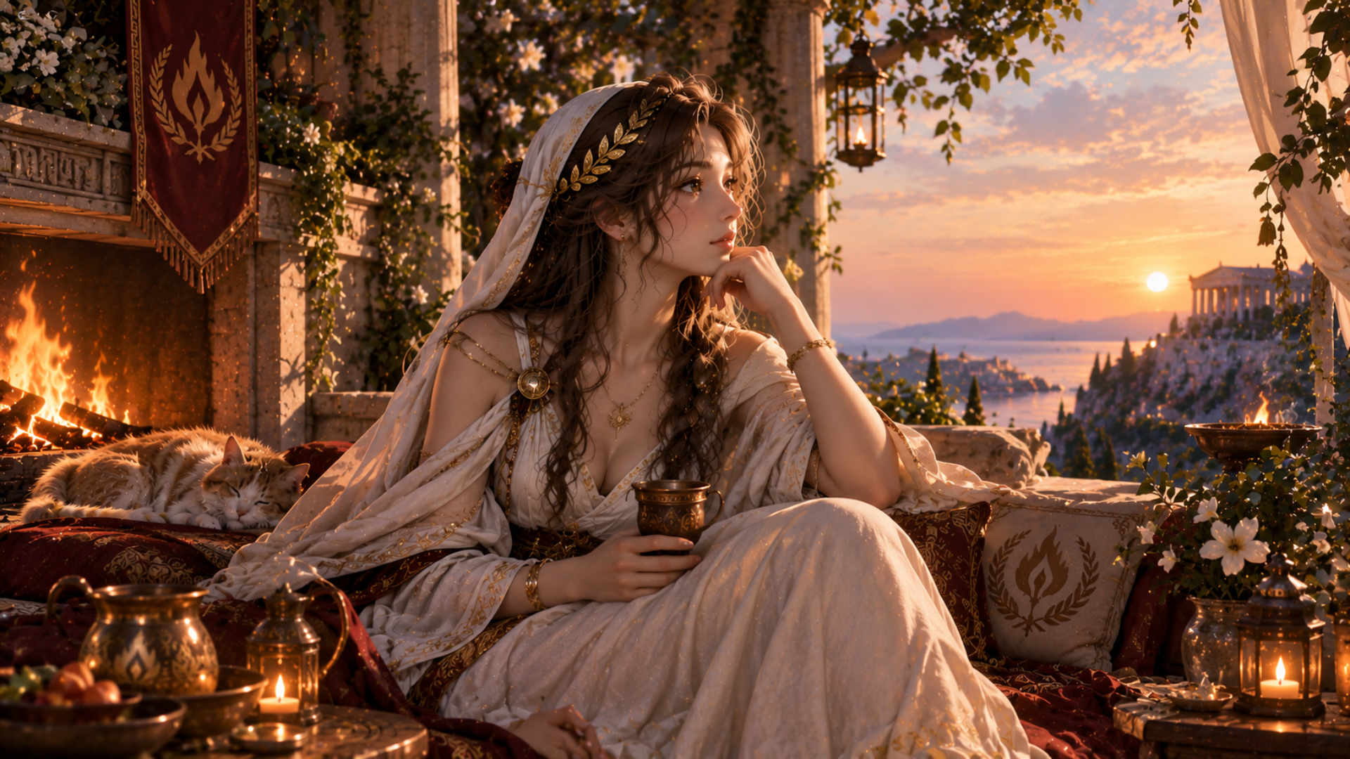 Sunset Priestess on the Temple Terrace, a Greek mythology desktop wallpaper