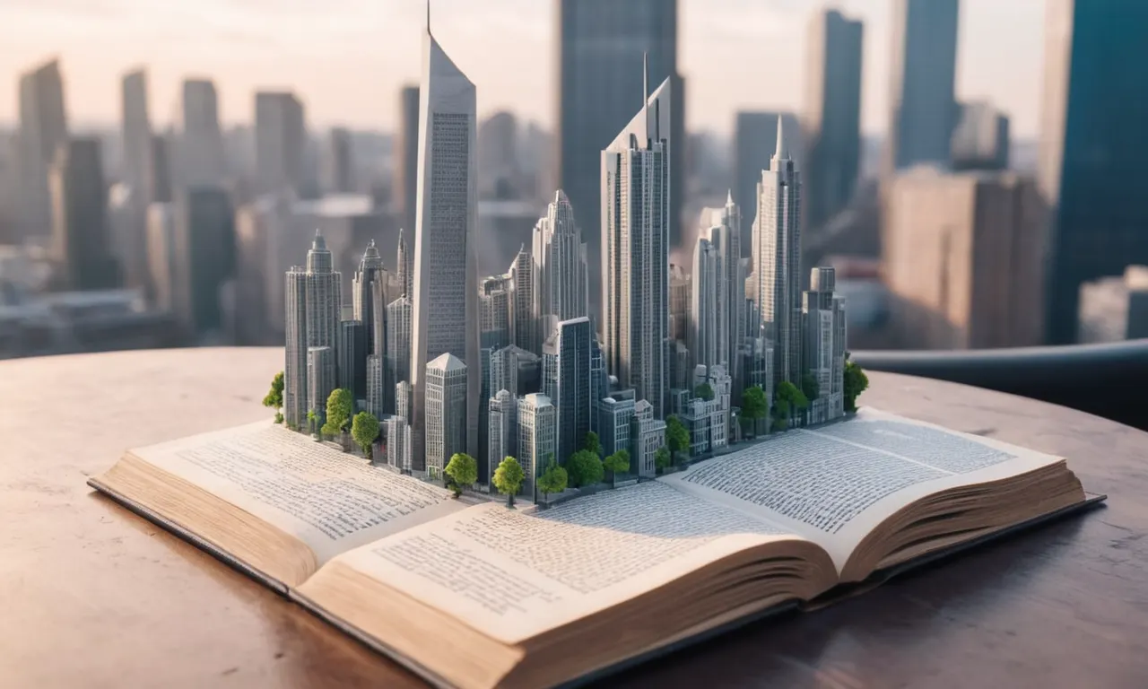 Un viejo libro o pergamino abierto en una mesa con un moderno paisaje urbano en el fondo.