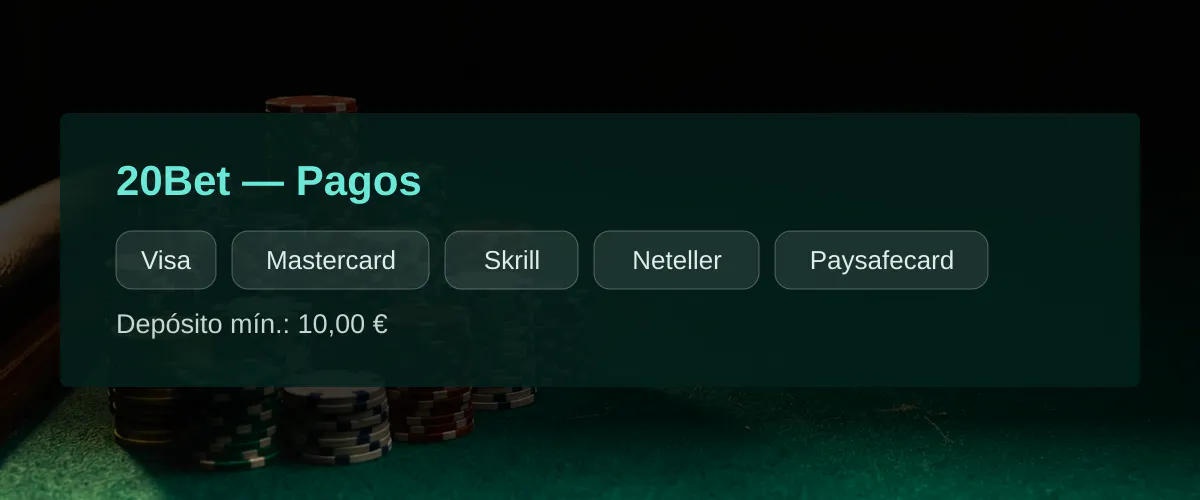 20Bet  Pagos: Visa, Mastercard, Skrill, Neteller, Paysafecard