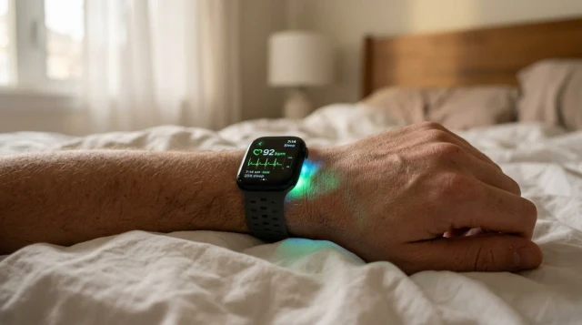 Close-up of smartwatch with glowing heart rate sensor on wrist resting on white bedsheets