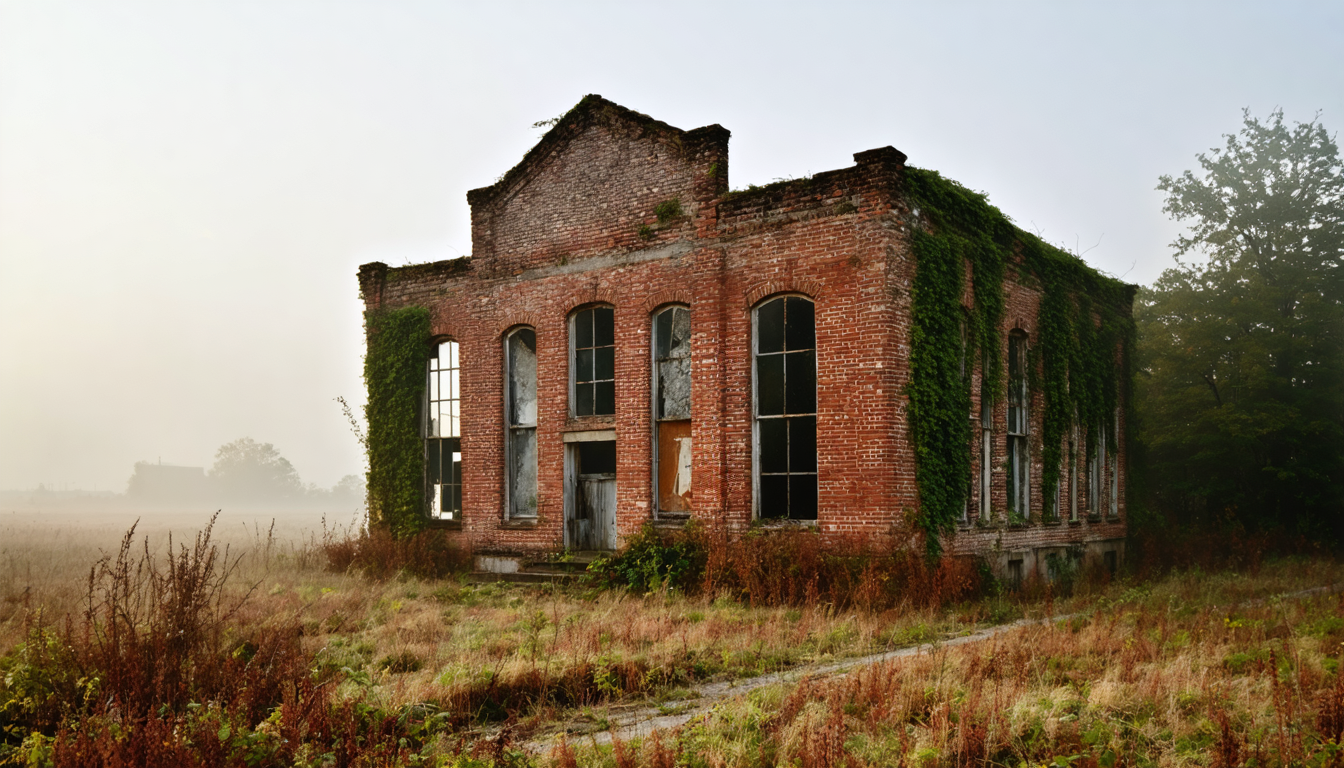 An abandoned communal building in the American Midwest, overgrown with vines, seen through morning fog.