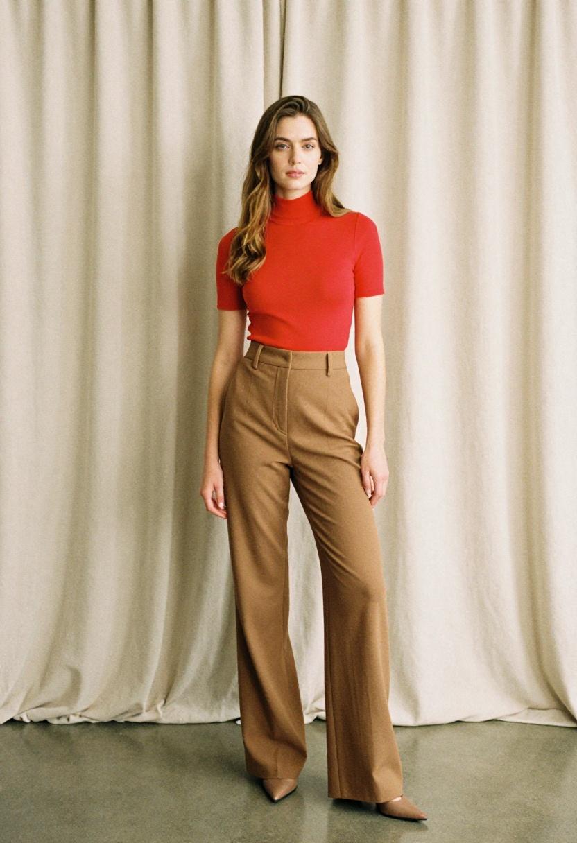 Woman in bold crimson mock neck top with wide-leg camel trousers turning toward the camera in a polished professional outfit