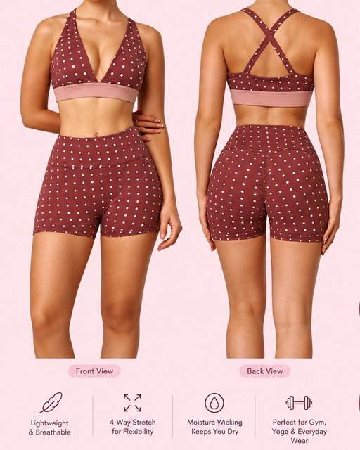 Polka Dot V-Neck Sports Bra & Biker Shorts Activewear Set, Back view