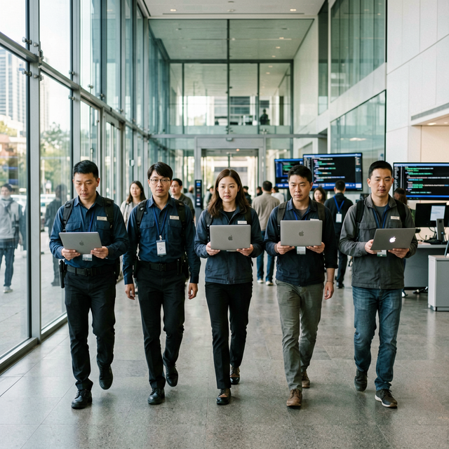 OpenAI headquarters exterior in San Francisco, security team and engineers walking through a modern glass lobby with laptops, screens showin