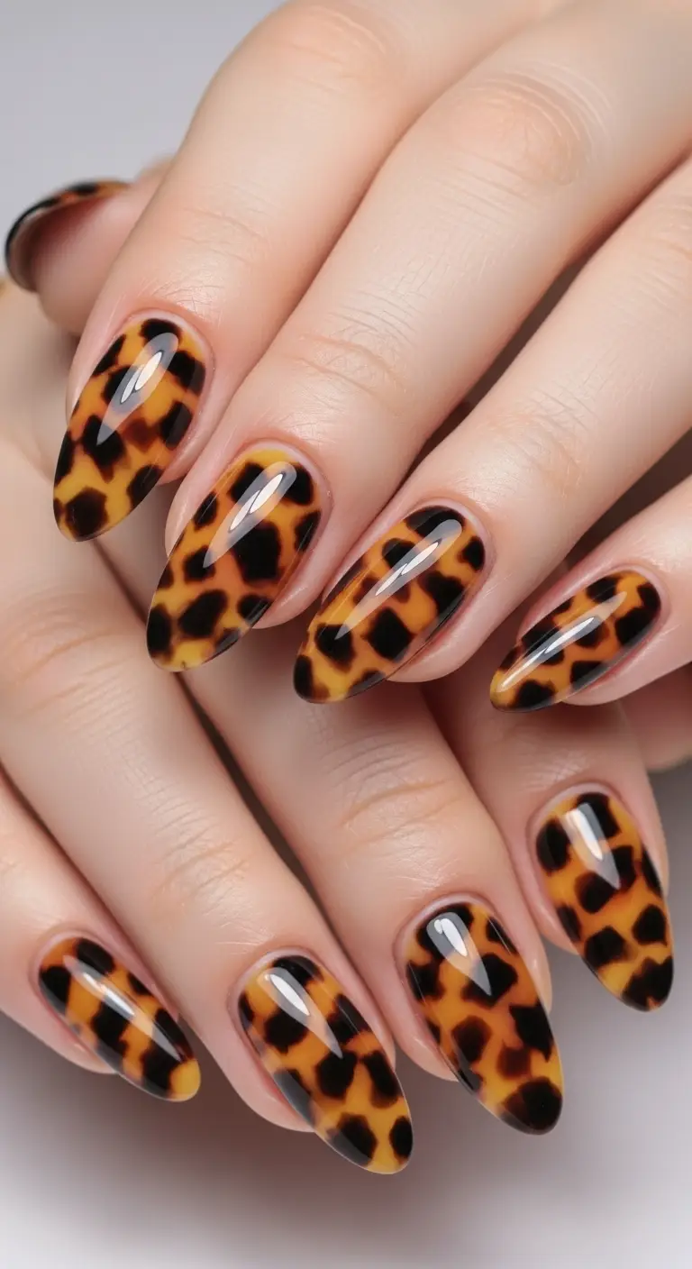 Classic Amber Brown Tortoiseshell Almond Nails