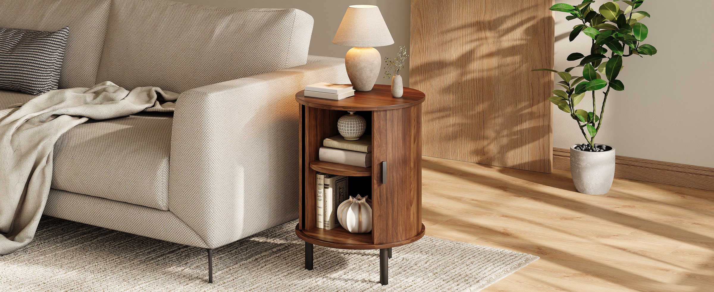 Table Basse Noyer, Rangement, Portes Coulissantes, Angles Arrondis, Structure Robuste, Entretien Facile - 48x48x65cm - Salon 1