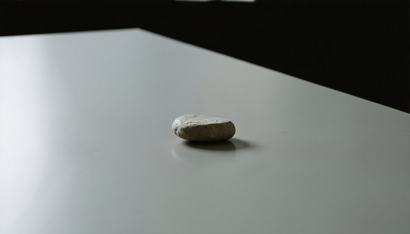 A single stone sits alone on an otherwise empty grey table under cold institutional light, its long shadow the only other thing in the room.