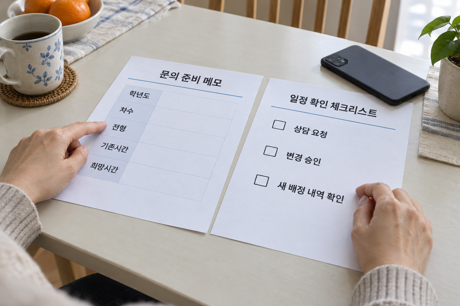 상담 요청 뒤 변경 승인과 새 배정 내역을 따로 확인하는 설명 장면