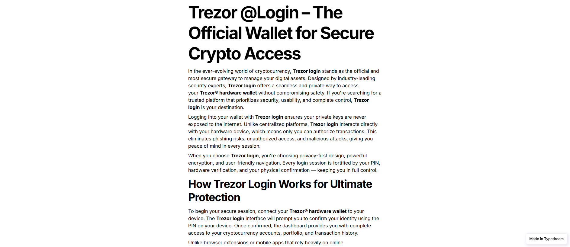 Forensic screenshot of overview-en-trezor-helps-sso.typedream.app showing the phishing page layout