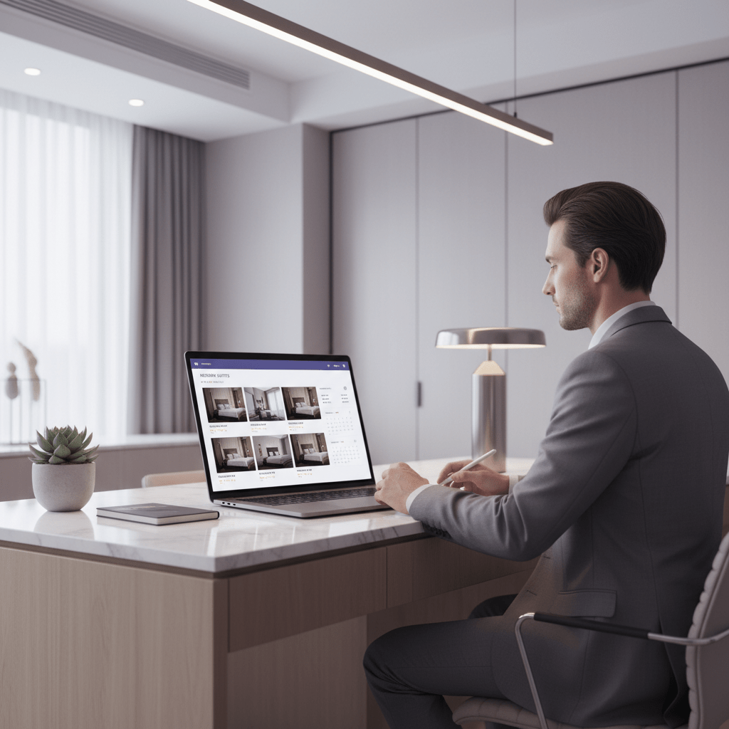 A hotelier reviewing bookings and listing performance on a laptop beside a reception desk