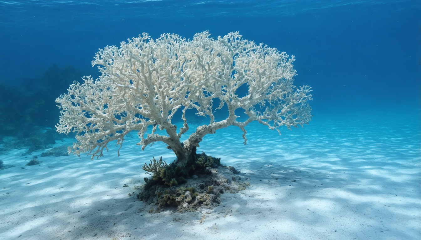 A branching elkhorn coral colony underwater in dim blue light, isolated on a pale reef floor with empty water around it.