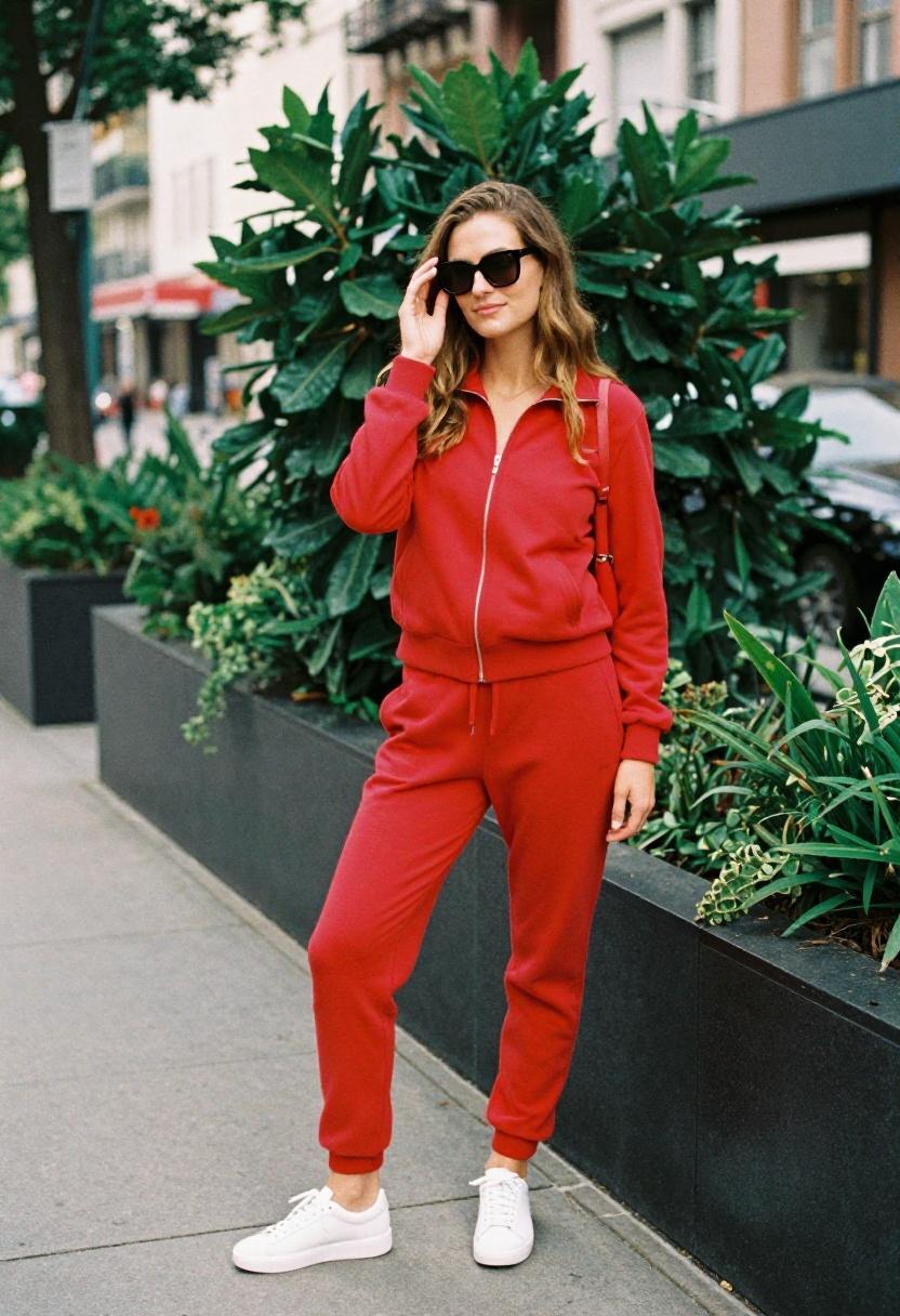 Cherry red track-style lounge set on an urban sidewalk
