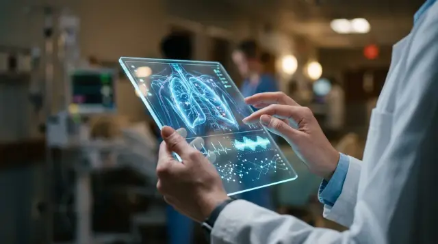 Doctor's hands holding tablet with glowing medical diagnostic visualizations in clinical setting