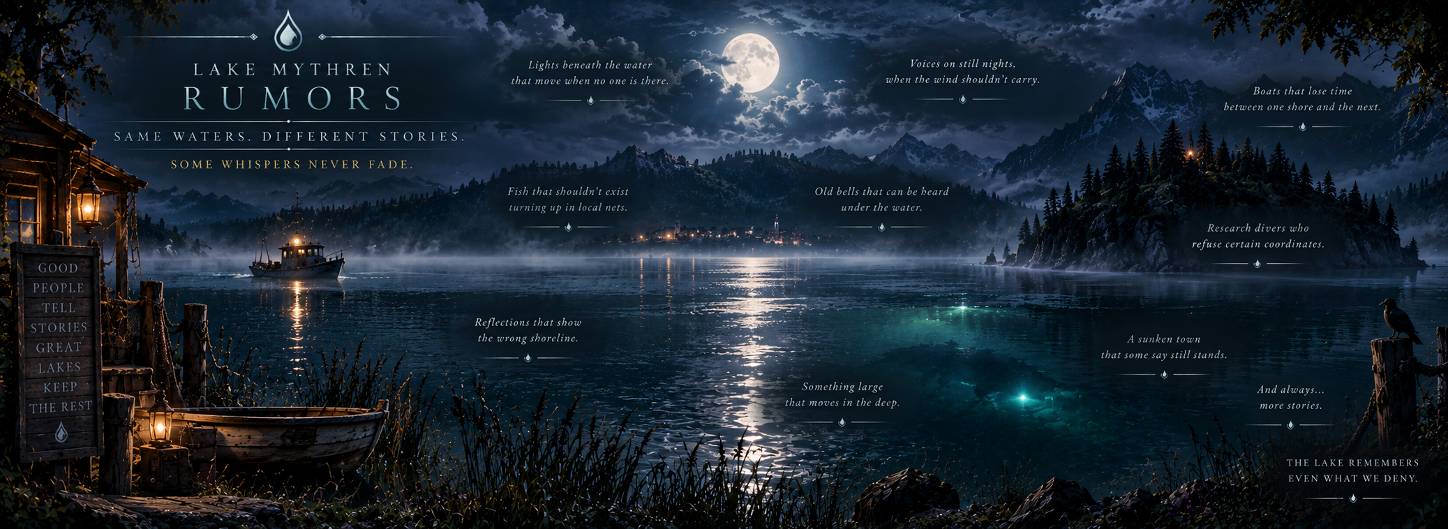 Lake Mythren at night beneath moonlight, mist and unexplained lights beneath the water.