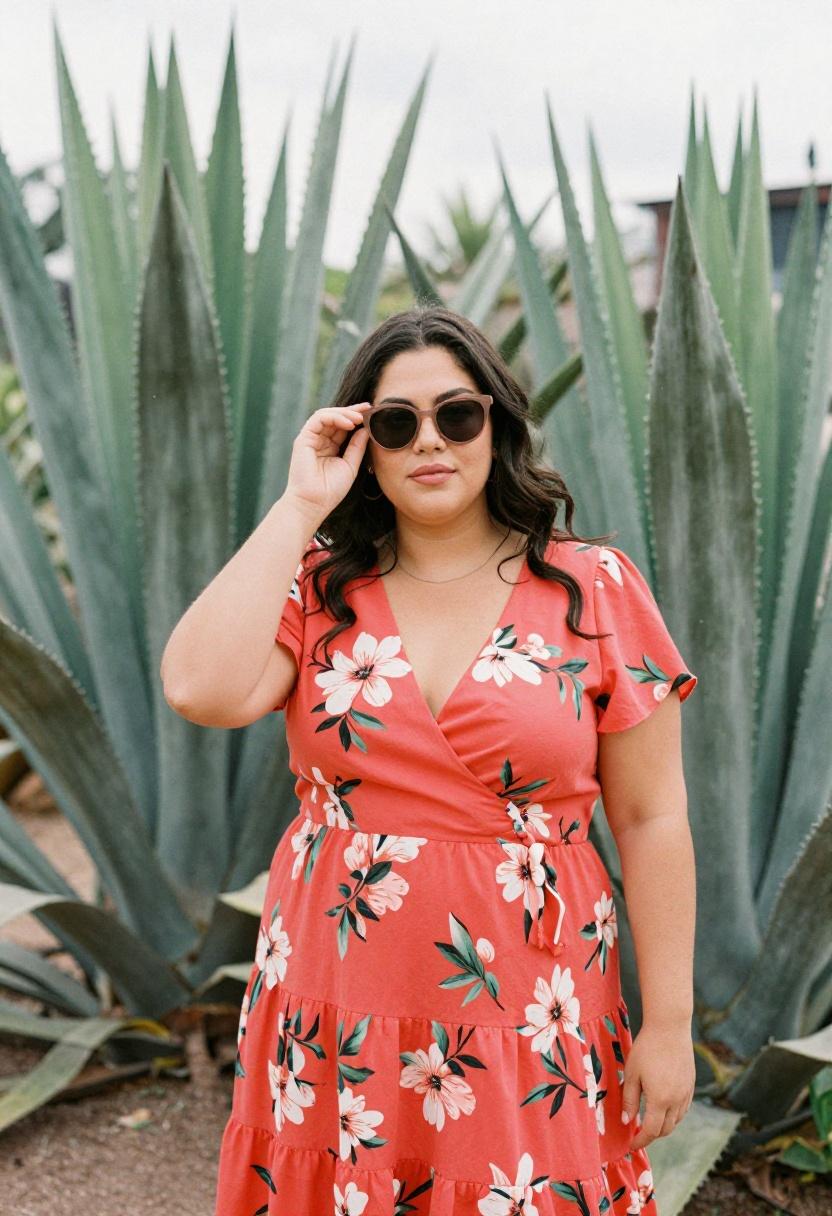 Plus size woman in coral floral wrap dress with sunglasses in a desert botanical garden setting