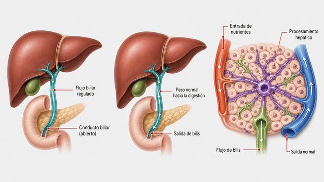 Ilustración del hígado y flujo biliar