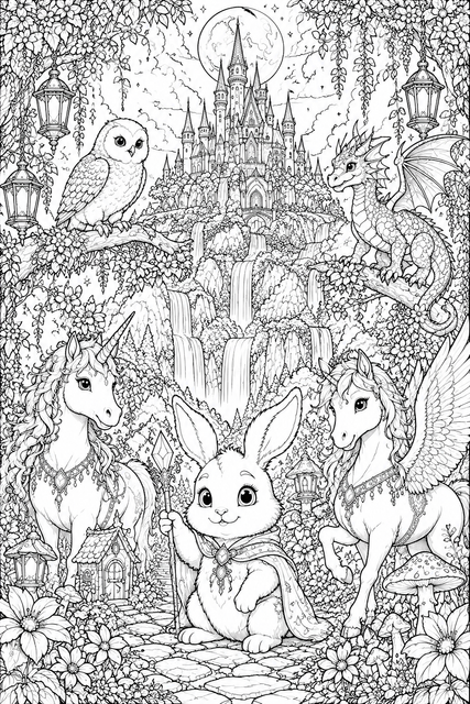Printable Fantasy Wonderland Adventure colouring page for kids