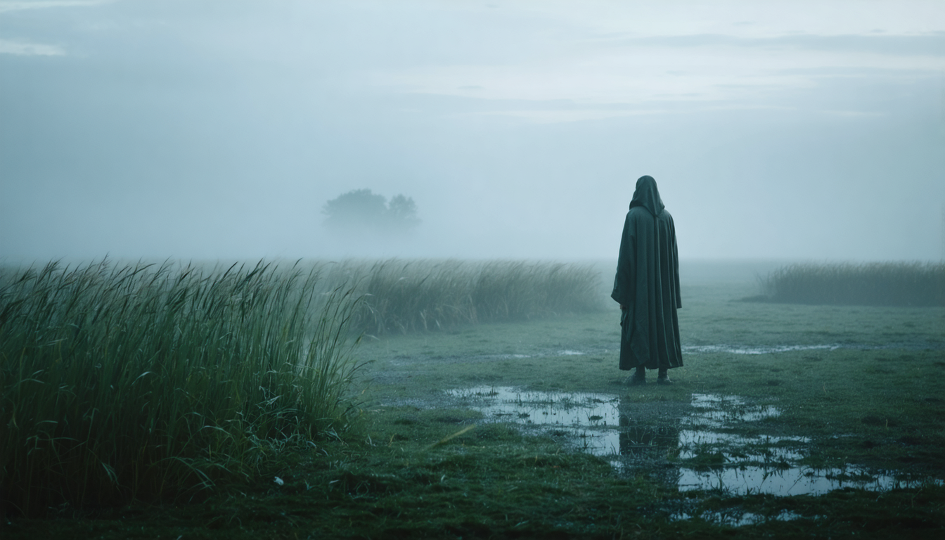 A lone figure standing on a rain-soaked field at dawn, mist obscuring the horizon, grass bent by wind.