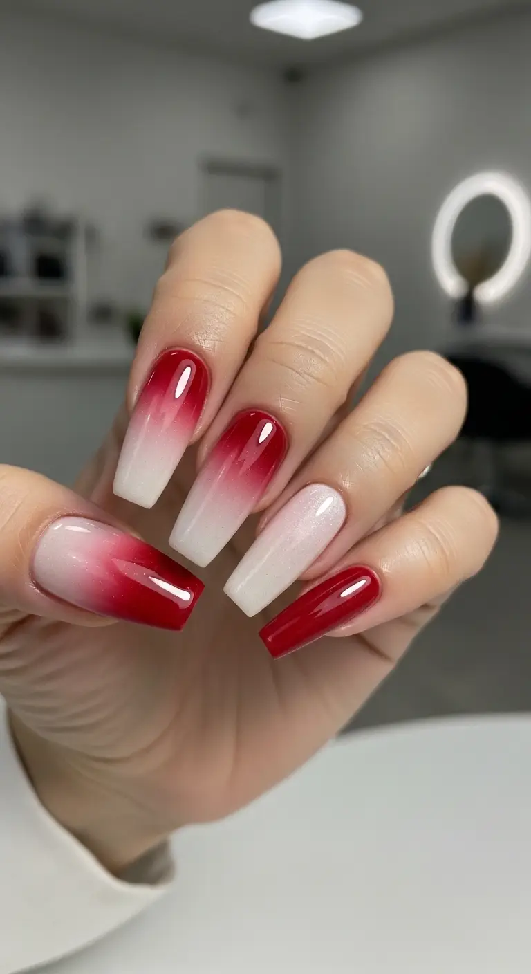 Cherry Red and Cream Ombré Coffin Nails