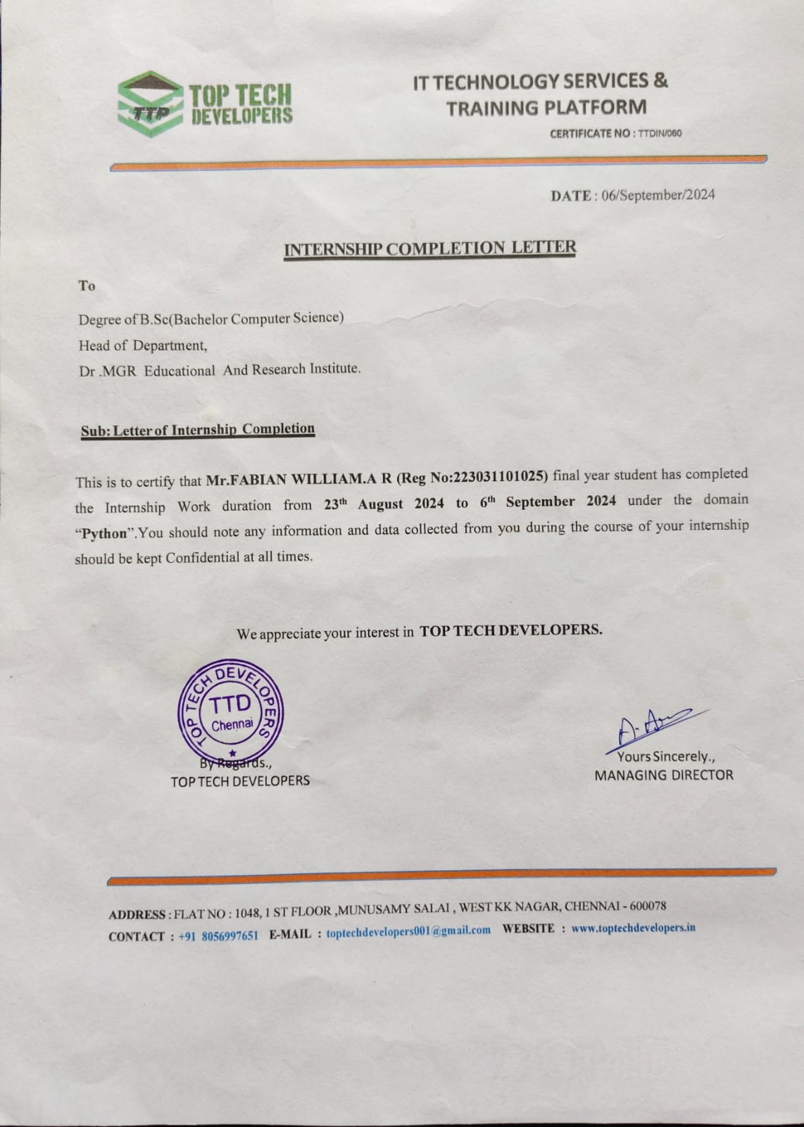 Top Tech Developers internship certificate