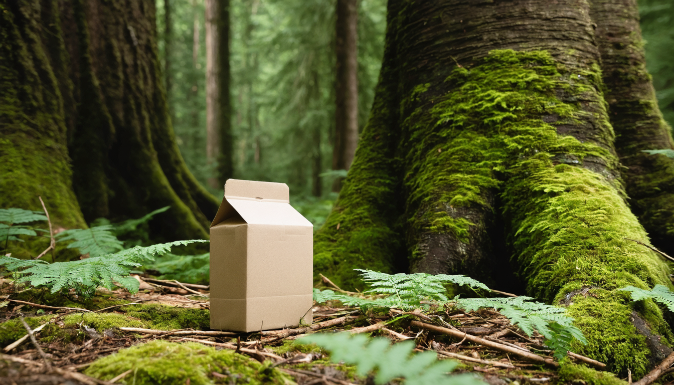A single cardboard juice box resting on the mossy floor of a dense old-growth forest, dwarfed by ferns and towering cedar trunks.