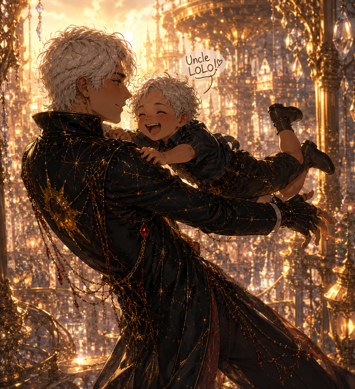 Apollo lifting Kiun joyfully in a golden Skyward setting.