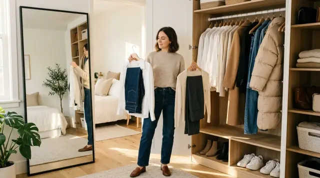 Stylish woman curating capsule wardrobe at open closet in warm morning light