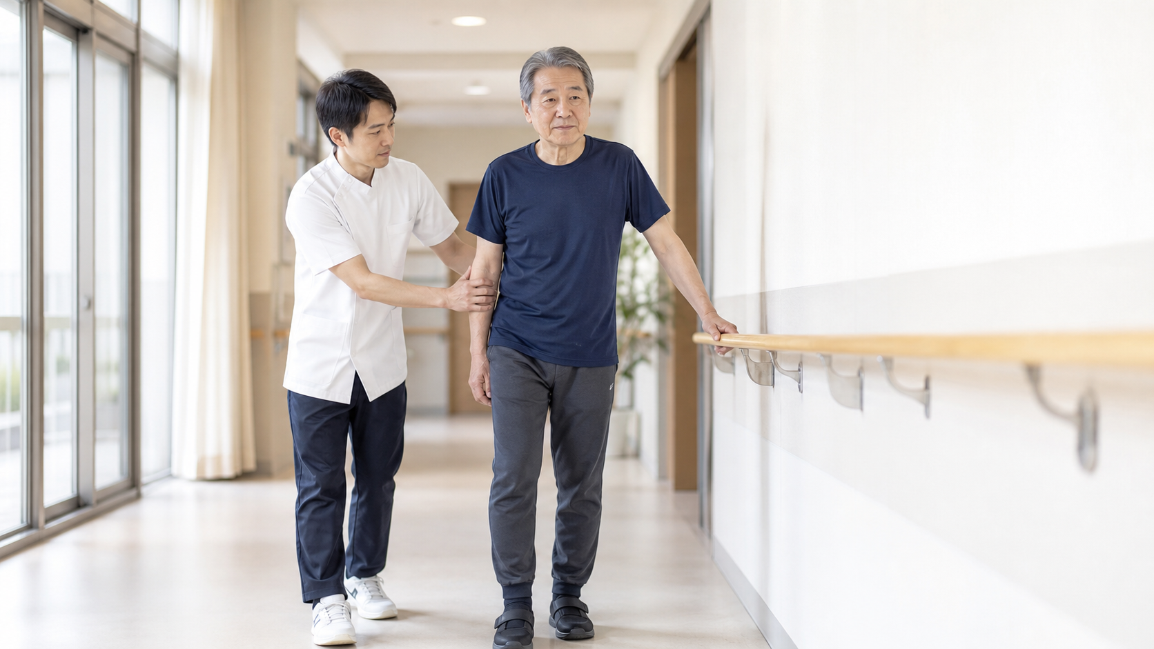 セラピストと立ち上がり・歩行を確認する場面