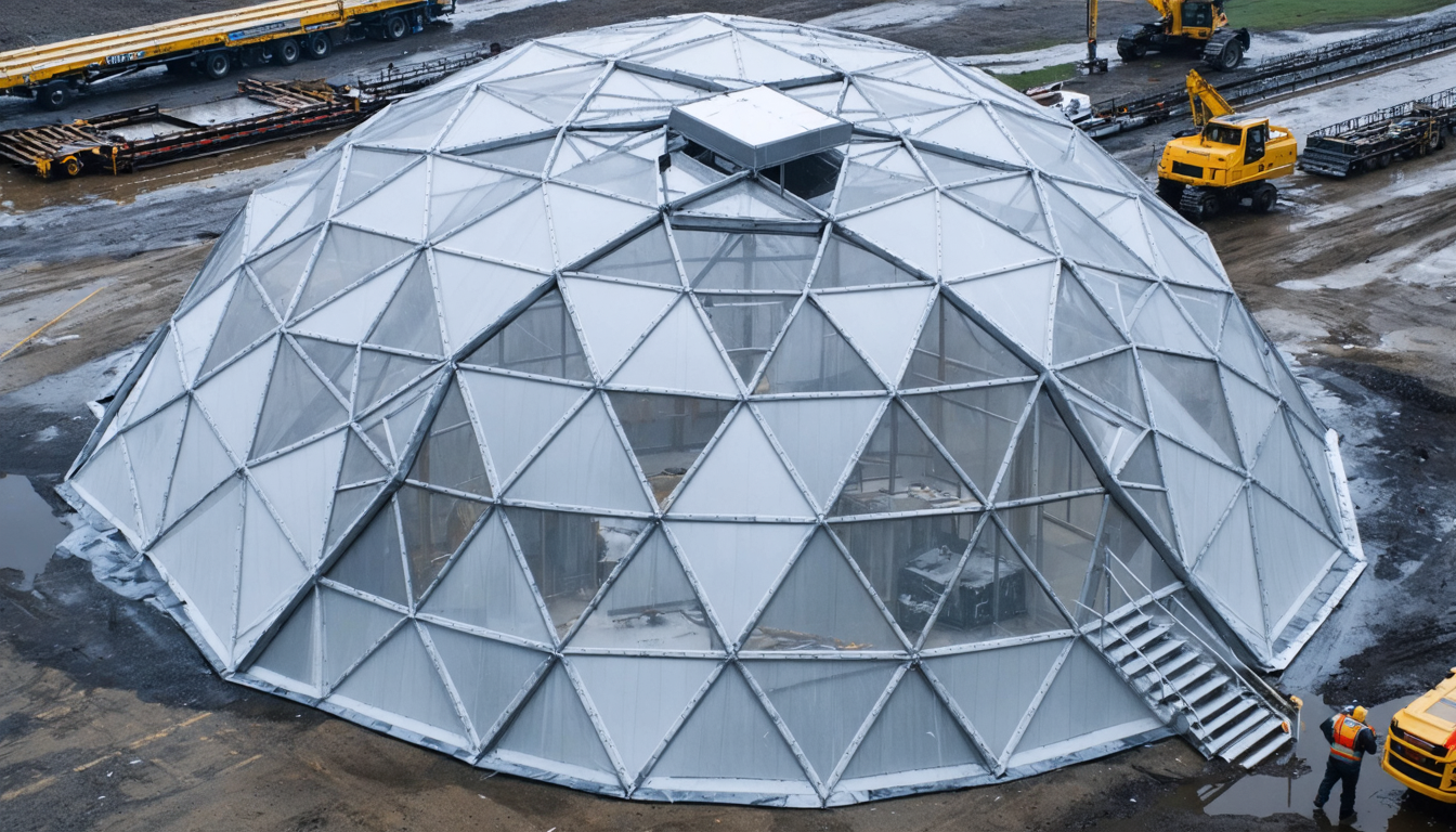 A half-finished dome heroically keeping the rain off a very select group of triangles.