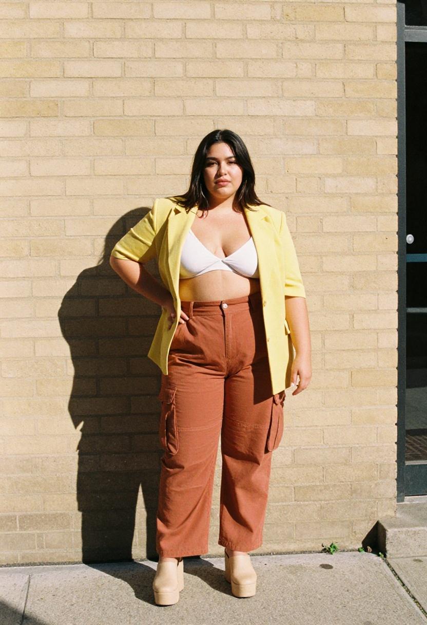 Terracotta cargo pants with lemon yellow blazer editorial utility look