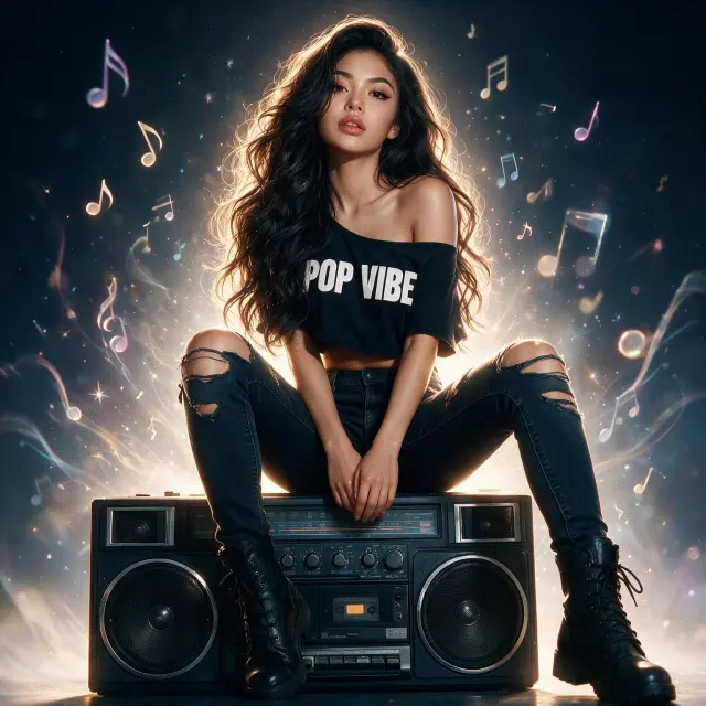 A girl with long flowing wavy hairstyle with dramatic volume and face-framing strands, bold glam makeup with smoky eyes and glossy lips, wearing a cropped off-shoulder top with bold text, ripped skinny jeans, and lace-up combat boots, sitting confidently on a vintage boombox, full-body view, relaxed but sexy pose with one leg bent and the other extended, dreamy expression looking slightly upward, glowing ethereal light surrounding her, floating music notes, stars, and soft smoke-like energy trails in the background, fantasy music-themed atmosphere, high-detail illustration style, vibrant highlights, ultra-detailed, cinematic fantasy pop-art aesthetic
