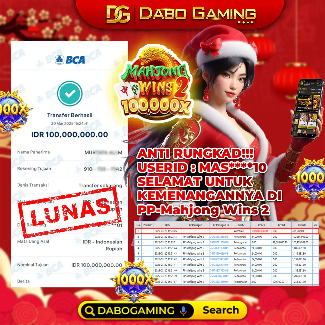 User ID: MAS***10 berhasil menang Rp 100.000.000 di PP - Mahjong Wins 2 💸 Withdraw SUDAH LUNAS langsung ke rekening! Mainkan sekarang di Dabo Gaming dan rasakan sensasi jackpot 100.000x! 🔥