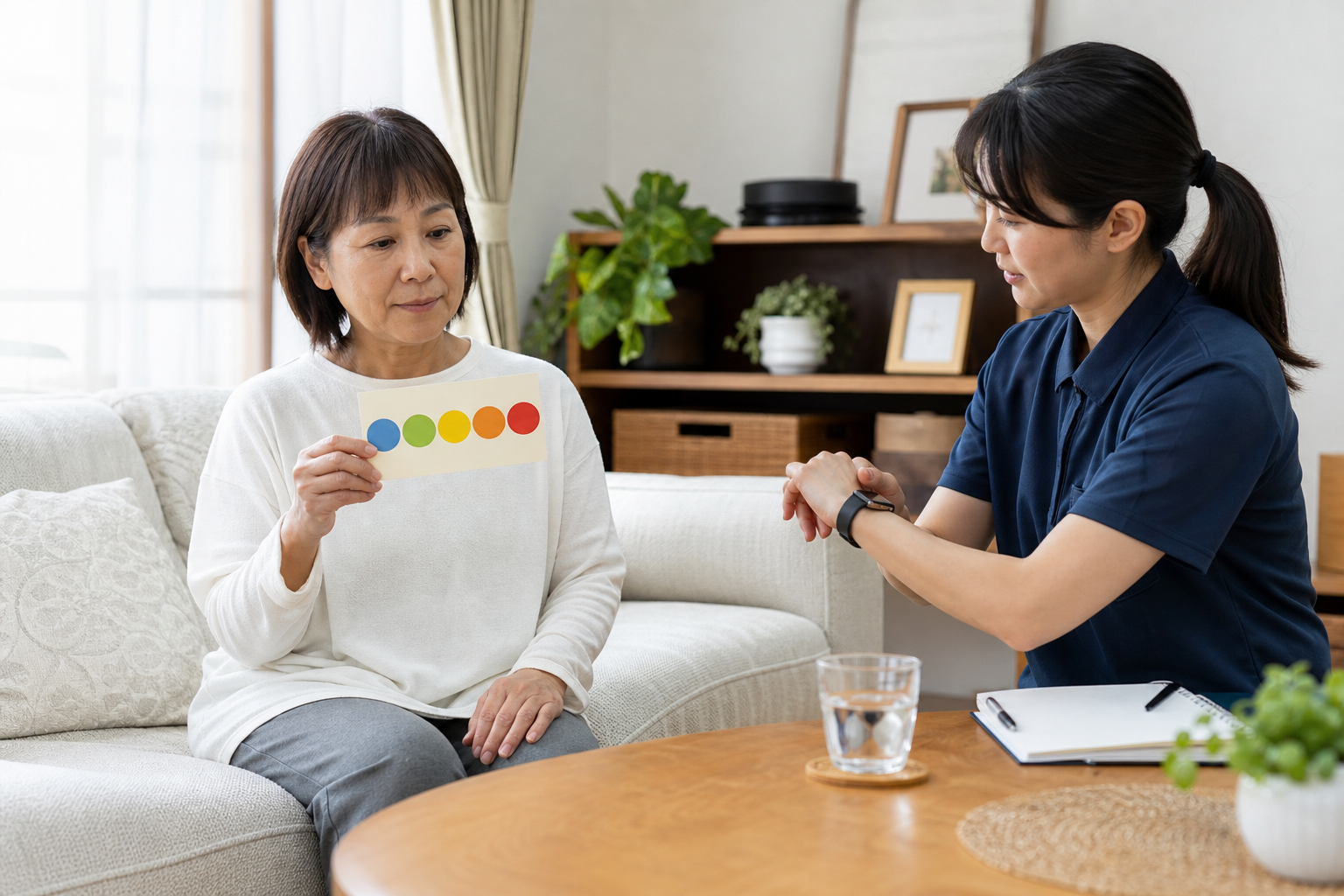 筋疾患のある成人と専門職が運動後の疲労や回復状態を確認する様子