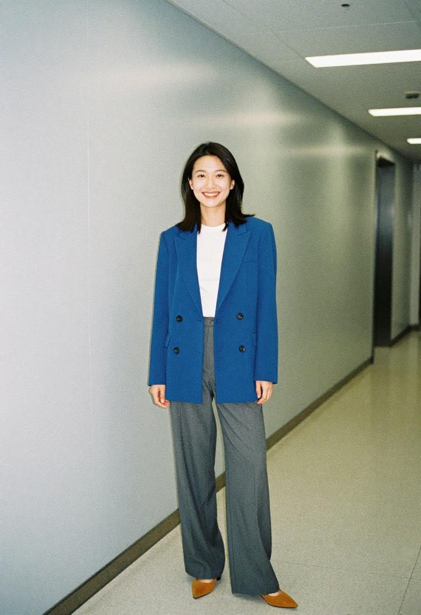 Royal blue blazer with wide-leg trousers and tan suede pointed toe flats for approachable professionalism